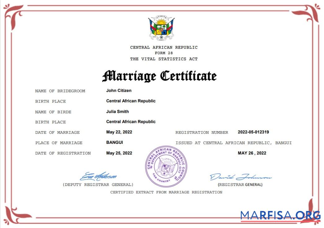 Printable Central African Republic marriage certificate Word and PDF template